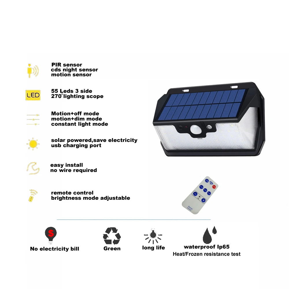 55 светодиодов Солнечный свет дистанционное управление радар 3 стороны Освещение usb порт настенный светильник кемпинг открытый сад двора безопасности водонепроницаемый фонарь