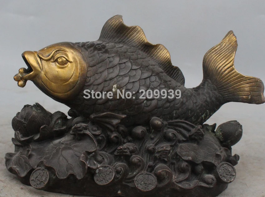 

huij 006816 9"lucky Chinese Bronze Gilt Wealth Money Lotus leaf Fish Animal Statue Sculpture (A0314)