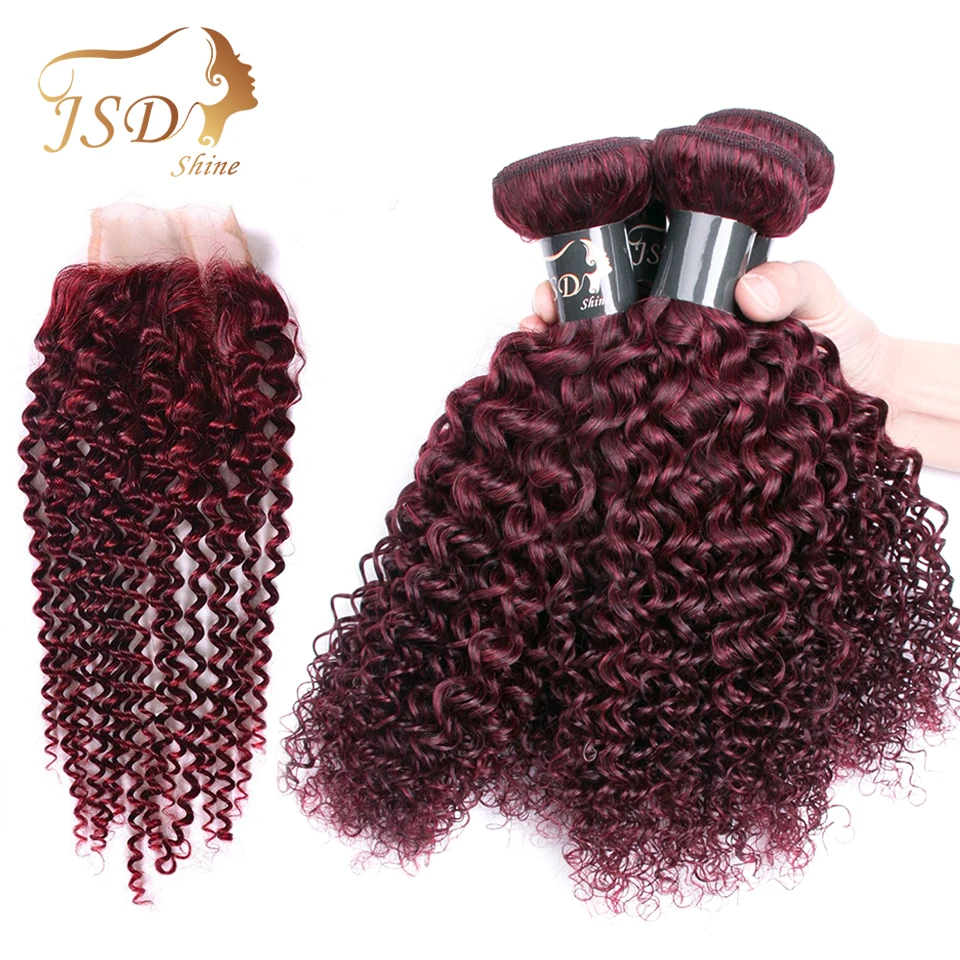 JSDShine Bold Red 99J Brazilian Hair Weave Bundles With Closure Burgundy Kinky Curly Human Hair Bundles With Closure Non-Remy