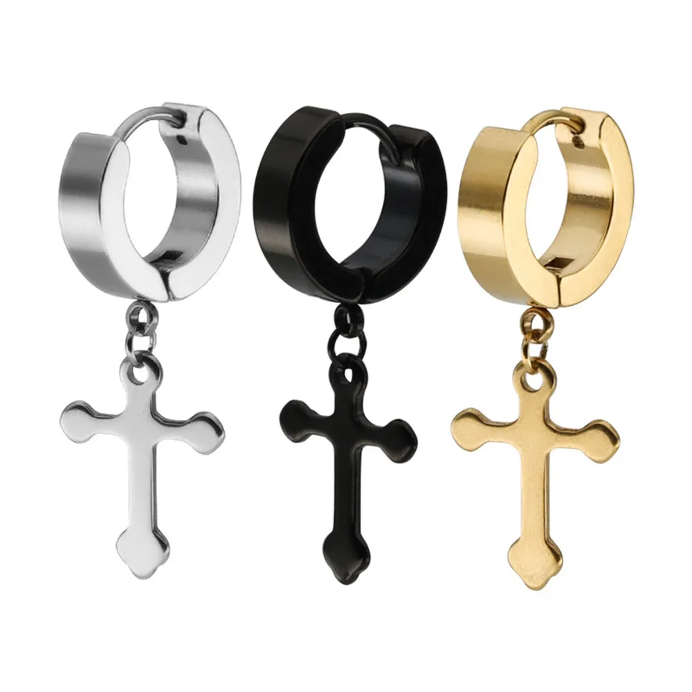 

Korean new titanium steel round earrings with cross pendant stainless steel earrings men and women fashion jewelry accessories
