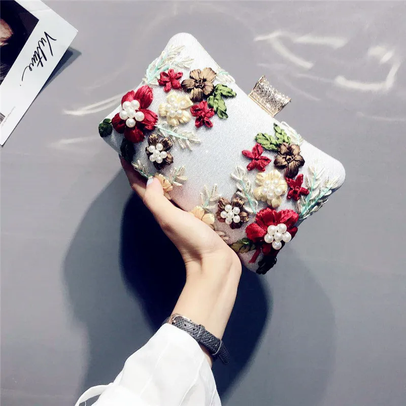 

SEKUSA Appliques Women Fashion Clutch Printed Flower Handmade Style Diamonds Evening Bags Chain Shoulder Party Wedding Purse