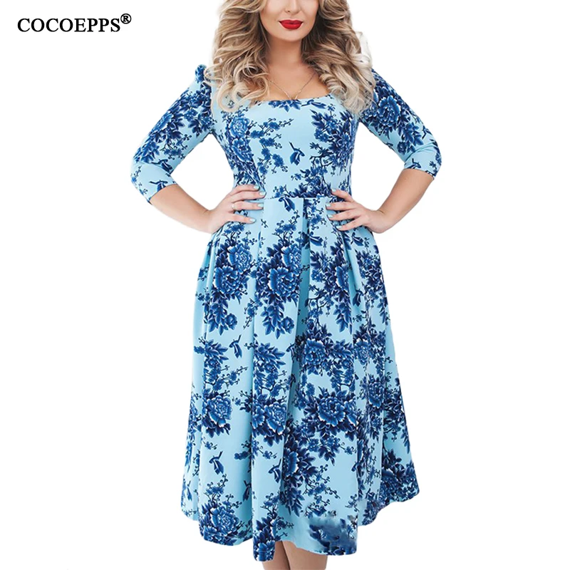 

COCOEPPS Winter Autumn Women Print Dresses 2019 5XL 6XL Fashion Boho femme Dress Plus Size Women Clothing office Lady Vestidos