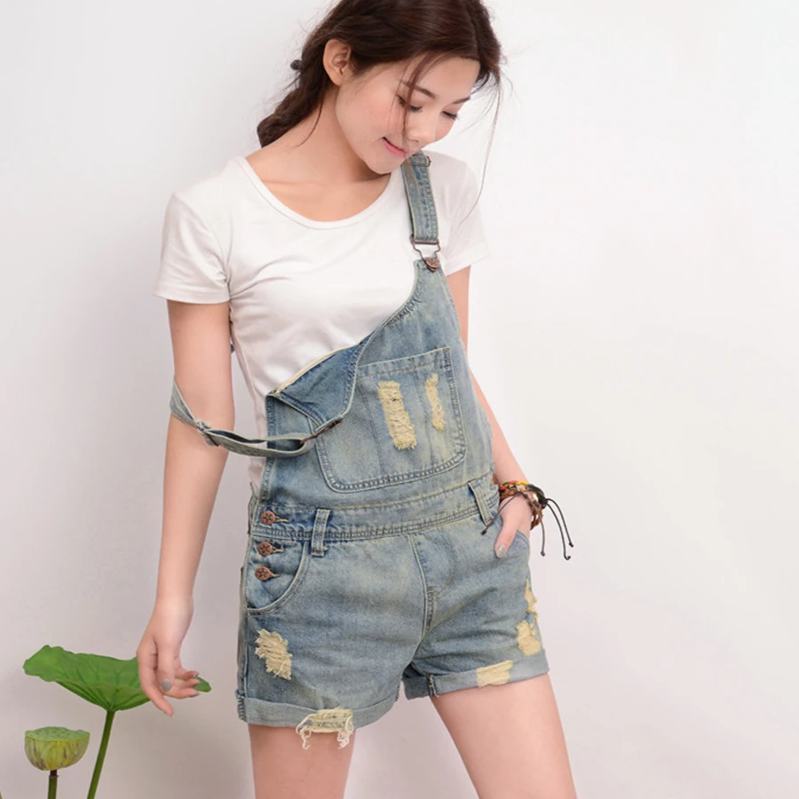 Vintage Washed Plus Size Short Denim Jumpsuit For Women