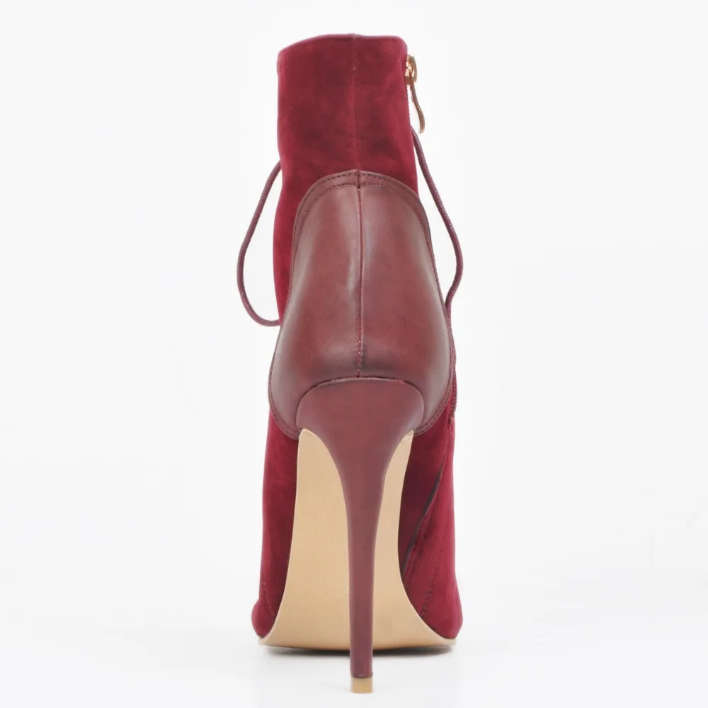 Большой Размеры 13 цвет красного вина Для женщин ботильоны на шнуровке Открытый носок вырез сандалии-гладиаторы; ботинки пикантные шпильки