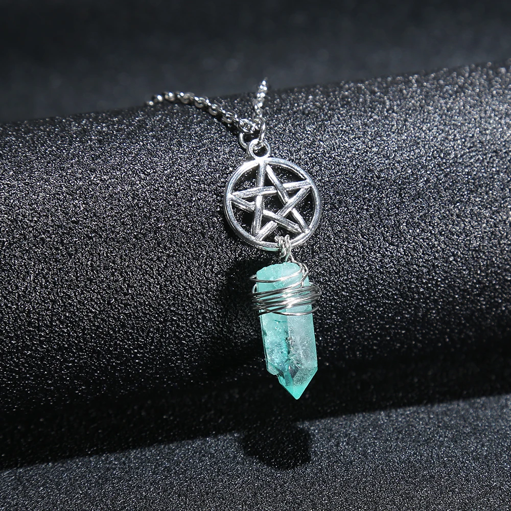 

Aura Aquamarine Quartz Wicca Charm Pendant Necklace Rough Stone Raw Crystal Pendants with 70cm Chain