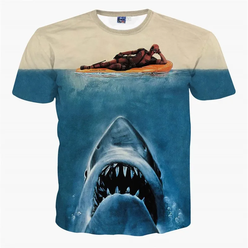 2017 new fashion summer t shirt men The great white shark o neck cotton