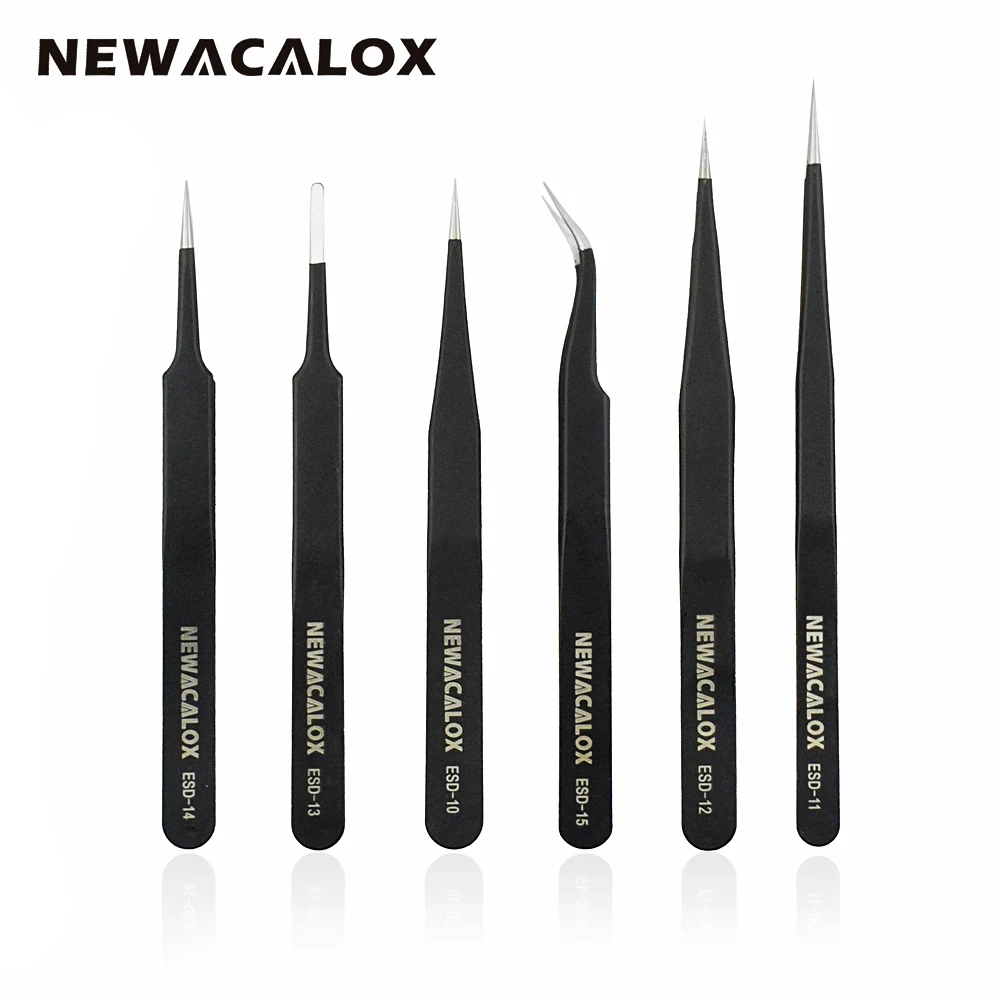 NEWACALOX 6PC ESD FTS Anti Static Anti magnetic Non corrosive Stainless Steel Tweezers Set for font