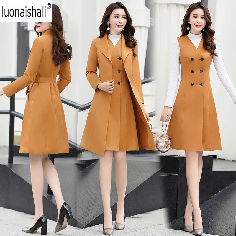 

2018 New Autumn Runway 2Pcs Set Dress CoatWomen Long Drawstring Trench Coat+Midi Tank double Breasted Dress Suit(orange offline