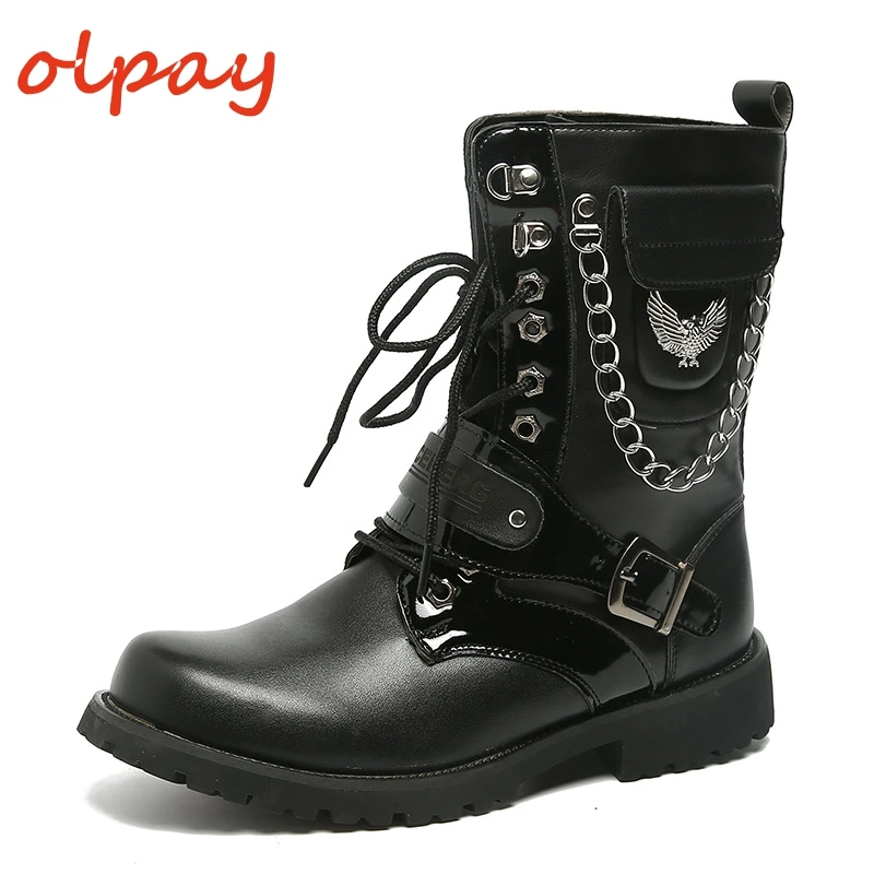 

OLPAY Men's Black PU Leather Work Boots Military Combat Boots Gothic Punk Motorcycle Martin Boots Size 39-44