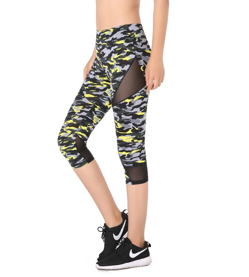 

Rylanguage New Arrival Summer Camouflage Capri Legging High Waist Stretchy Mesh Patchwork Fitness Leggings Bright Colors Class