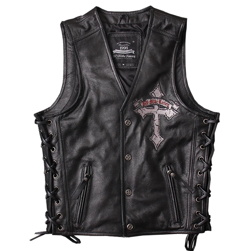 

2020 Black Men Skull Embroidery Genuine Leather Motorcycle Vest Real Thick Cowhide Slim Fit Leather Biker Vest 4XL FREE SHIPPING