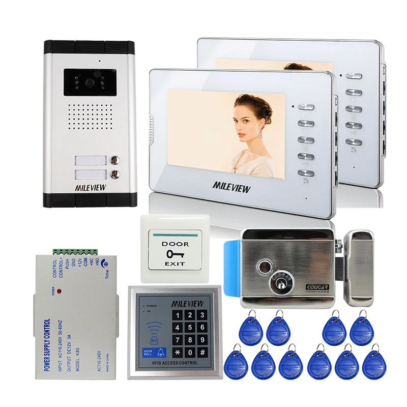 

Wired Apartment 7" Color Screen Video Door Phone Intercom Kit 2 Monitor for 2 Family + Electric lock RFID Control FREE SHIPPING