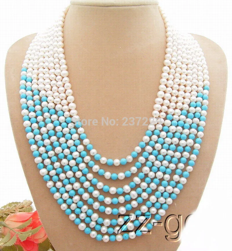 

Wholesale price FREE SHIPPING ^^^^ 8Strds Natural Pearl&Turquoise Necklace