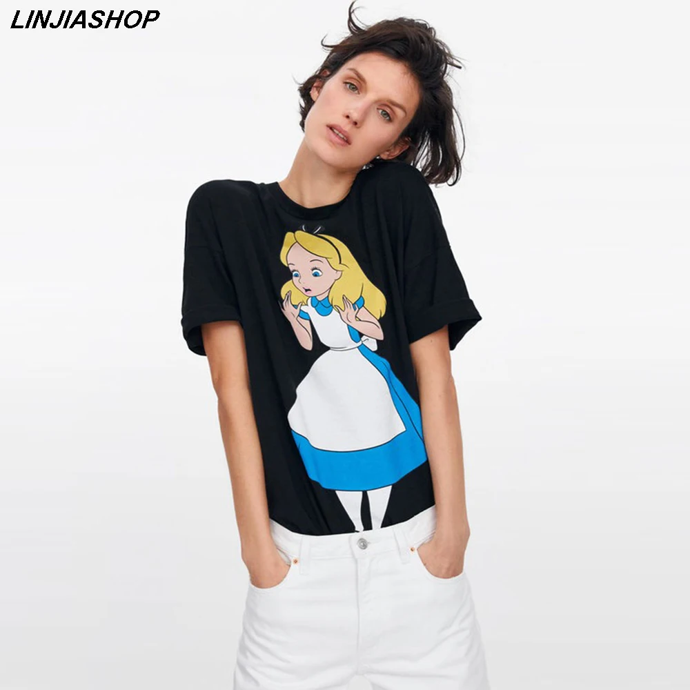 

Casual Summer White Black Tshirt Women Cartoon O Neck Short Sleeve Tees Top Streetwear Bloggers Designer Style New Arrivals 2019