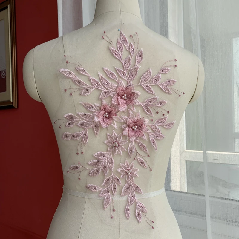 

Red Bean 3D Flower Beaded Embroidery Lace Flower DIY Wedding Dress Headscarf Jewelry Accessories Sew on 2PCS/lot