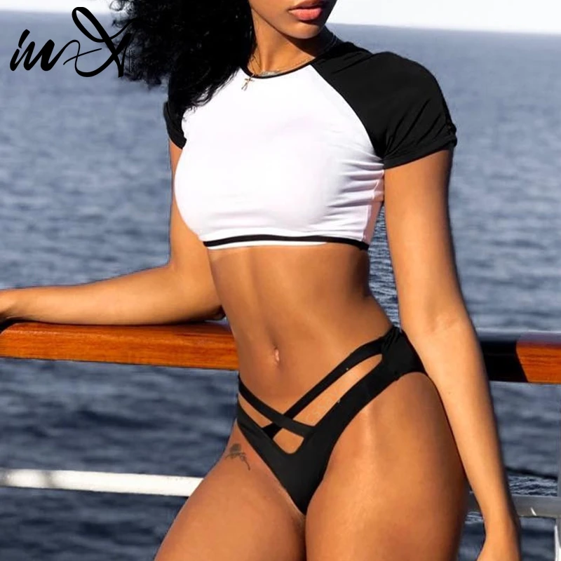 In-X Short sleeve crop top Sports women bikini 2019 Sexy brazilian swimsuit female New bathing suit T-shirt top