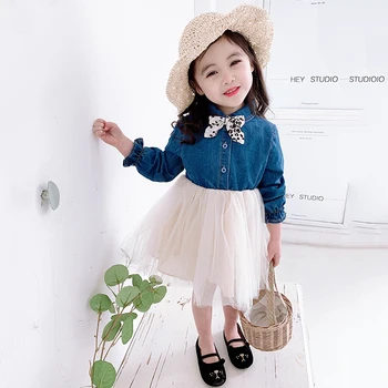

Spring Autumn girls dress Baby tutu dress kids denim dress Children vestidos leopard lacing denim patch mesh 1 to 6 yrs