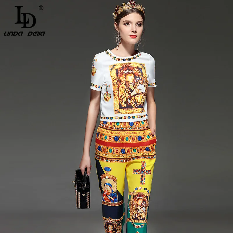 LD LINDA делла модный подиумный дизайнерский костюм набор женский короткий рукав Ретро узор принт пуловер топ брюки набор 2 шт наборы - Цвет: Многоцветный