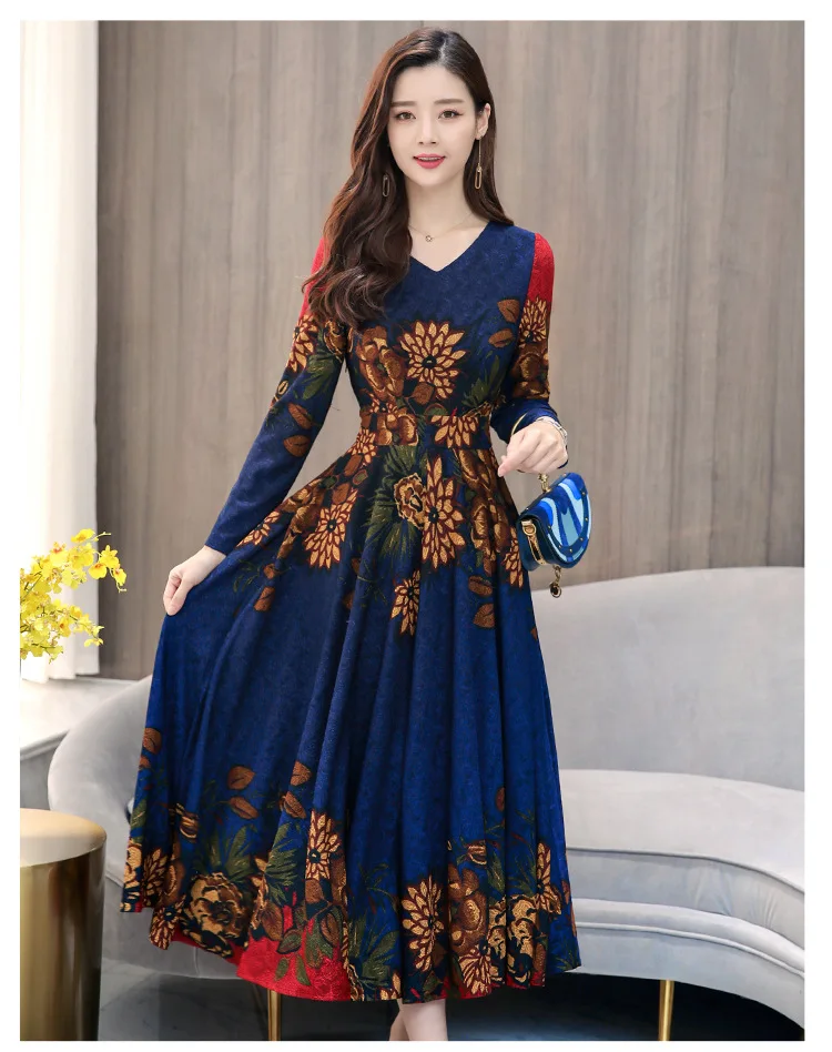 Синее Цветочное платье с v-образным вырезом элегантное женское миди платье с длинным рукавом большие качели размера плюс осенние платья высокого качества винтажные повседневные