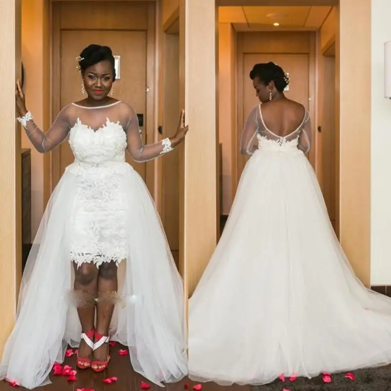 

Cheap Plus Size Africa 2020 High Low Wedding Dress Long Sleeve Sheer Neck Backless Illusion Bodice Appliques Arabic Bridal Gowns