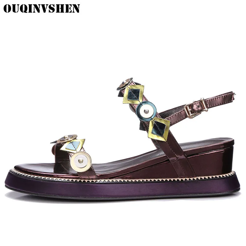 

OUQINVSHEN Wedges Sandals Metal Buckle Women Sandals New Ladies Girl Casual Fashion Summer Genuine Leather Sandal Woman Brand