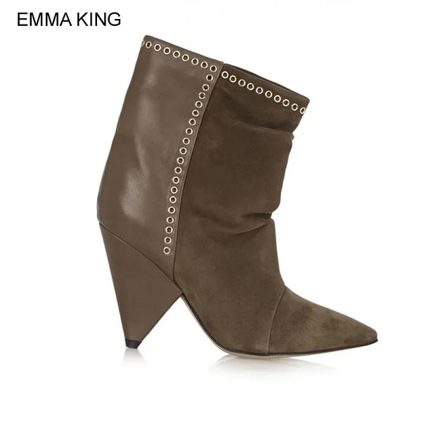 Emma king/женские ботильоны на шпильке с острым носком; Zepatos De Mujer; женская зимняя теплая обувь со складками, украшенная Металлическими Люверсами - Цвет: as picture