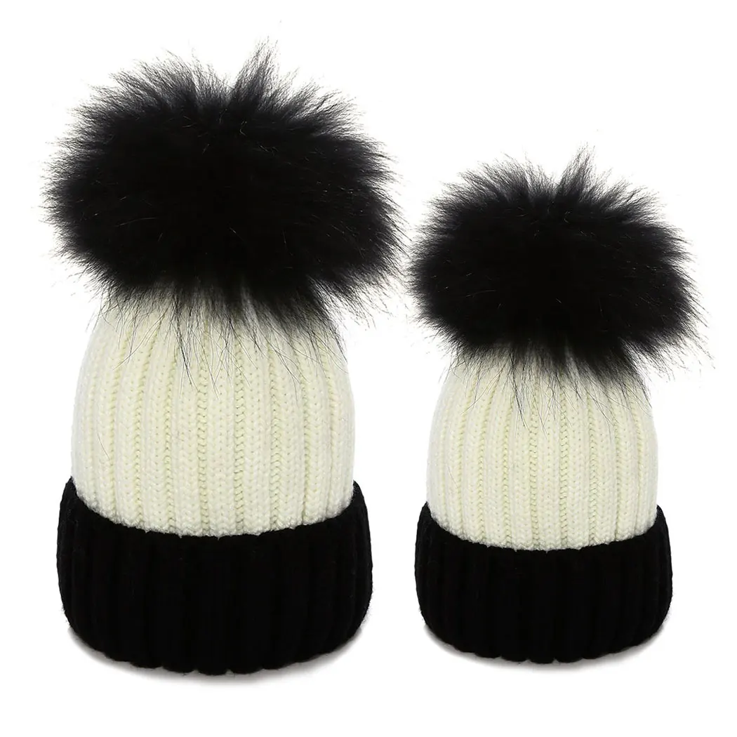 Mother Baby Real Raccoon Fur Pompom Hat Beanie Winter Warm Patchwork