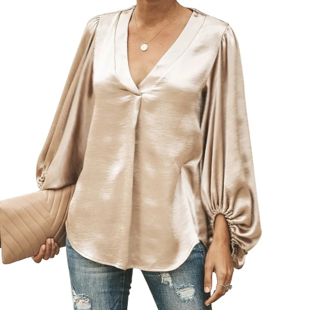 

Women Fashion Puff Sleeve Blouse V Neck Loose Tops Solid Tee Female long Sleeve Chiffon Blouse Chic Elegant Lady Loose