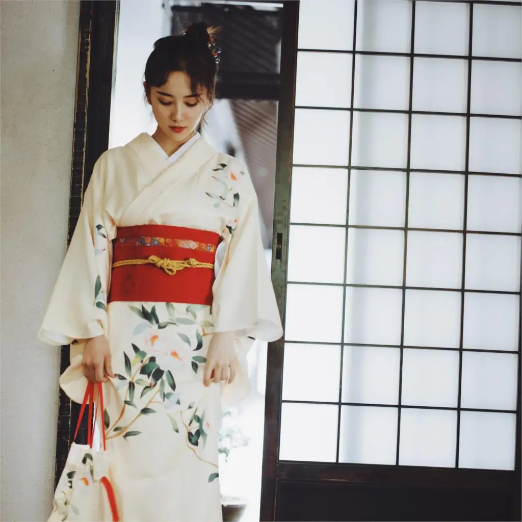 

2019 SELLWORLDER Japanese Kimono Style yukata retro Girl dress Woman yellow Pear flower print Long Dress with handbag