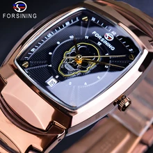 Forsining Cool Punk 3D Skull Black Man Quartz Watch Date Function Luxury Steel Strap Male Rectangle Case Watches Clock Relogio olevs cool function man s watches waterproof date mesh steel strap chronograph watch business male clock quartz men wristwatches