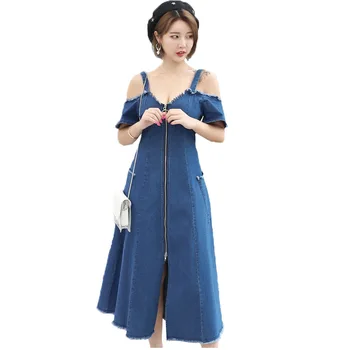 

2019 Denim Dress Summer Women Plus size L-5XL Short sleeve Slash neck Sling Expose shoulder Elasticity Sexy Jeans Dresses G386