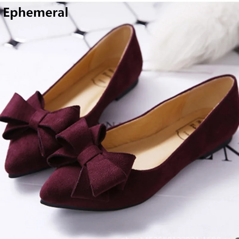 

Women Pointy Toe Narrow Mouth Bowtie Flock Plus 34-43 Slip-On Breathable Lady's Single Shoes On Flats Low Top Loafer Cinderella