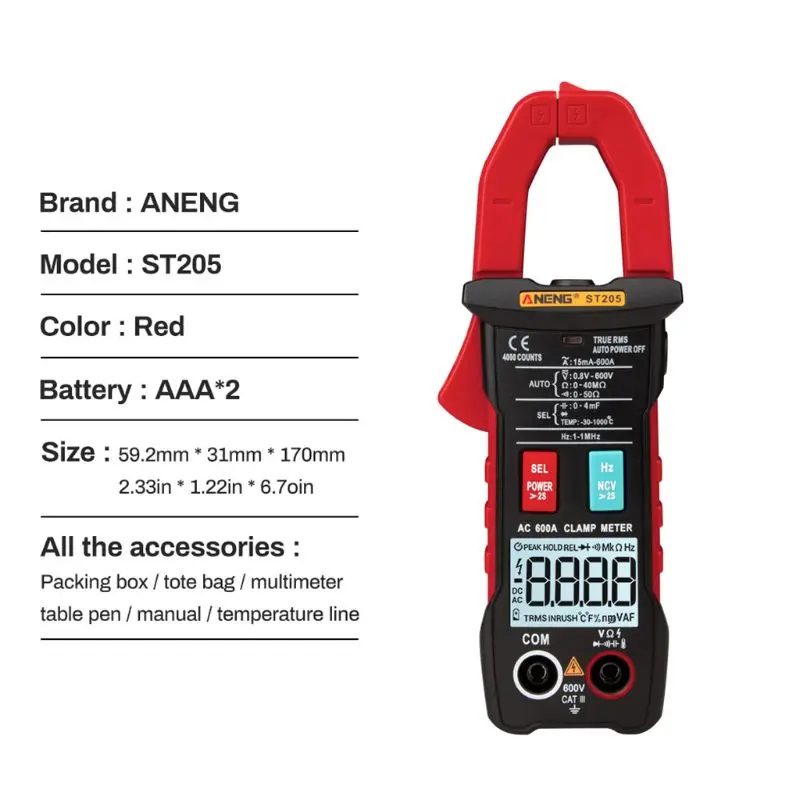ANENG ST205 цифровой клещи аналоговый мультиметр токовые клещи DC/AC Интеллектуальный автоматический измеритель диапазона с тестером температуры