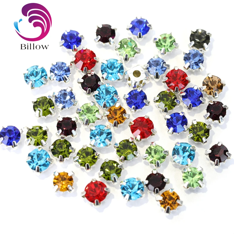 SS16 SS50 Sew on Claw Rhinestone Silver Base Multi Mix Color Round Sew