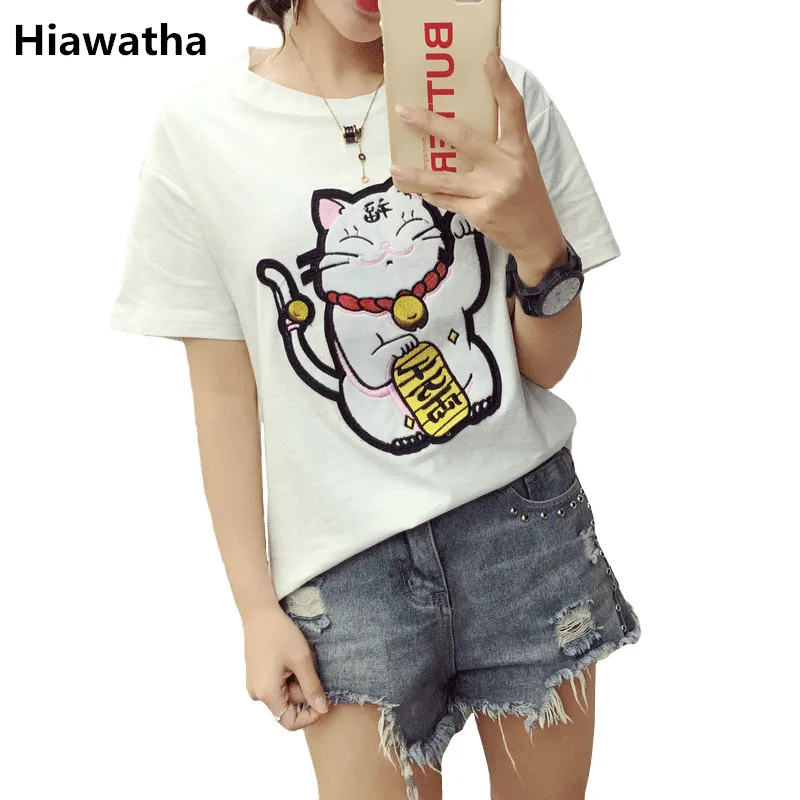 هياواثا الكرتون لاكي القط تي شيرت 2018 المرأة الصيف كم قصير القمم تيز الأزياء التطريز تي شيرت t070
