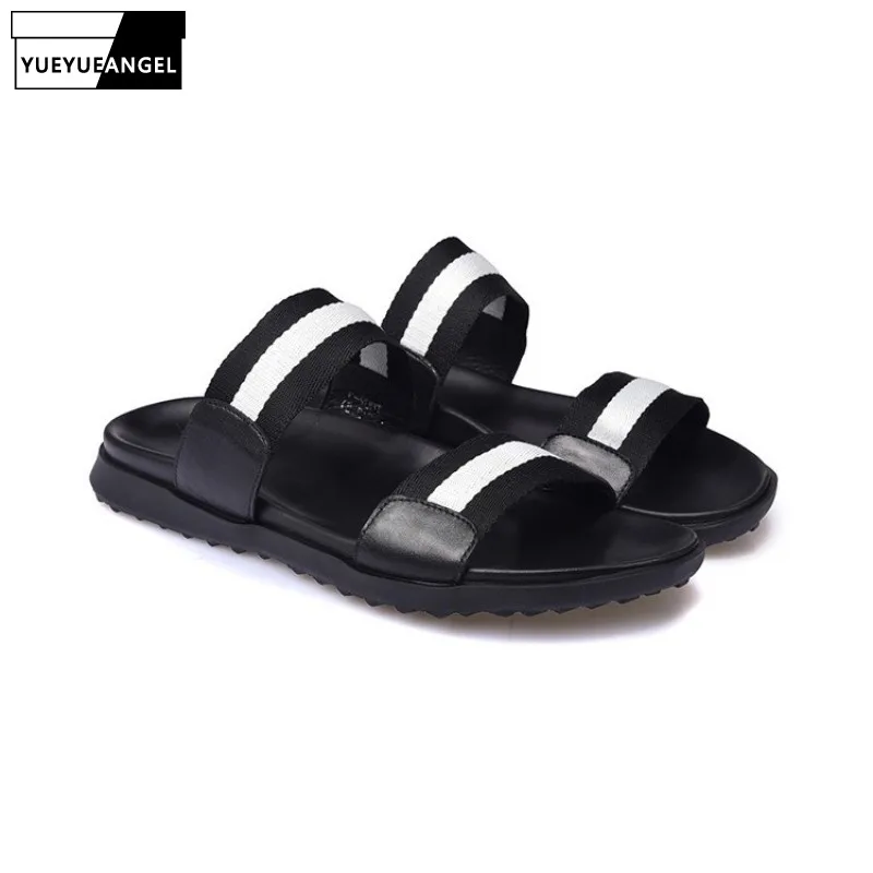 

2019 Spring Summer New Men Casual Slip On Slippers Flats Genuine Leather Breathable Sandals Comfort Fashion Beach Footwear Hot