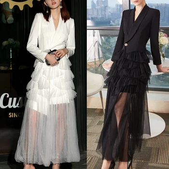 

New Autumn Spring Party Women's Elegant vintage Dress Blazer Jacket Office Mesh Patchwork Layer Ruffles Tulle Dresses Vestidos