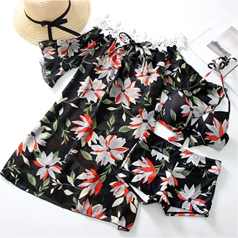 

Sexy 3 Pieces Swimsuit Women Print Push Up Bikini Middle Waist Female Bathing Suits Black Halter Swimwear Bikini Set Beachwear