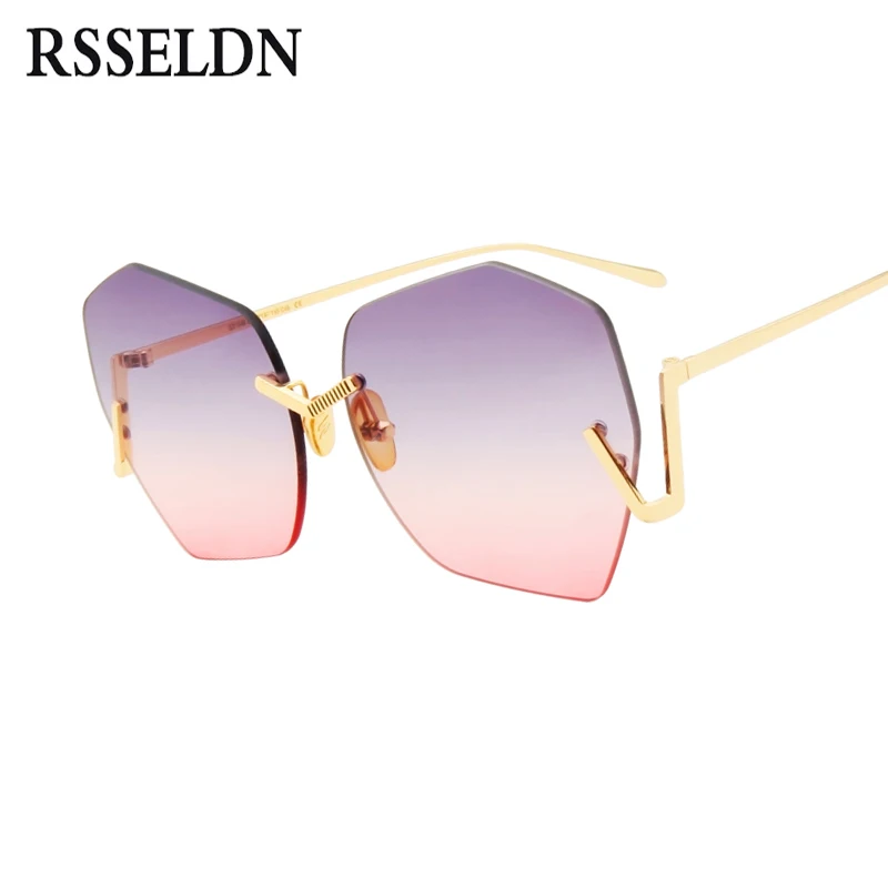 

RSSELDN Oversized Rimless Sunglasses Women 2019 Luxury Black Pink Blue Fashion Gradient Lens Sun glasses for Women UV400 Eyewear