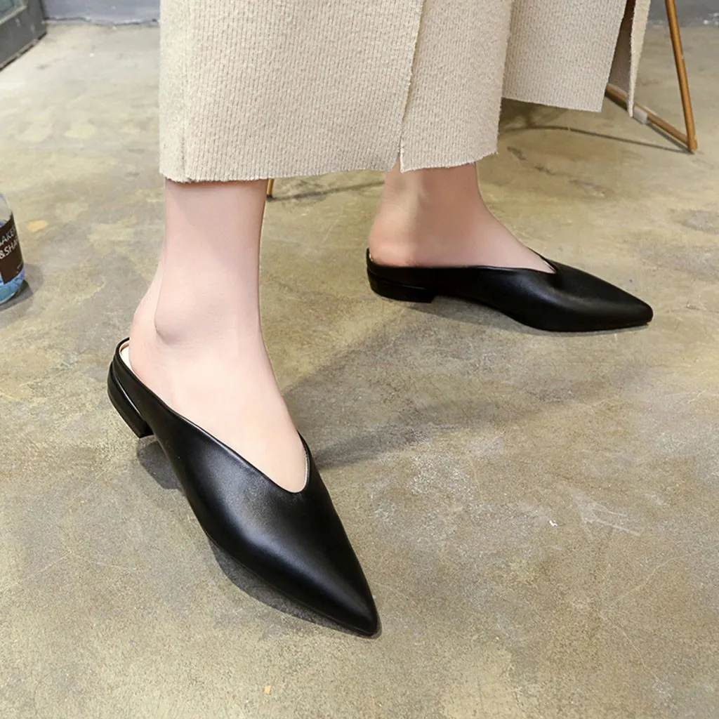 Женские шлепанцы; Летние кожаные туфли без задника на низком каблуке с острым носком; женские Вьетнамки; удобные сандалии; zapatos de mujer