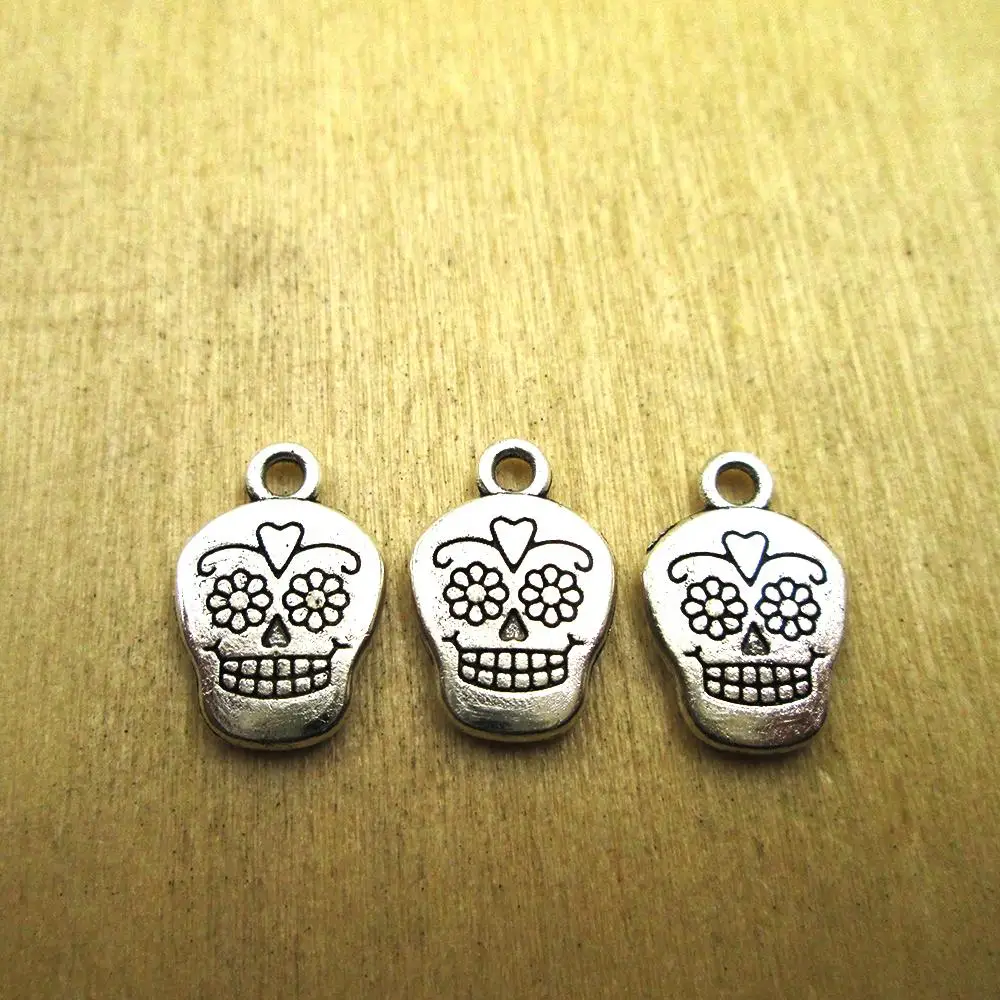 

25pcs-12x12mm sugar Skull Charms flower Skull Charms pendants DIY necklace/ bracelets charms antique silver tone