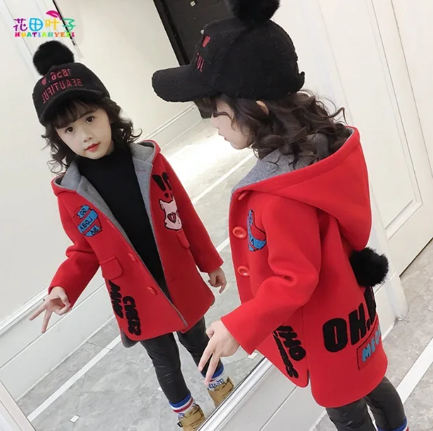 Осень-зима, новое корейское пальто принцессы для девочек плотное шерстяное пальто Зимние пальто для детей 5, 7 лет - Цвет: Красный