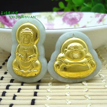 

3D gold inlaid with natural jade Guanyin Buddha pendant e30#