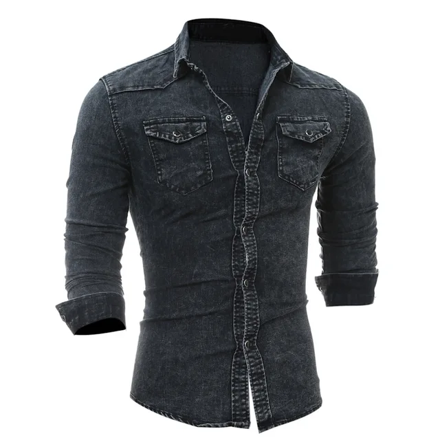 Men's double pocket men's long sleeved denim shirt-in Casual Shirts from Men's Clothing on 