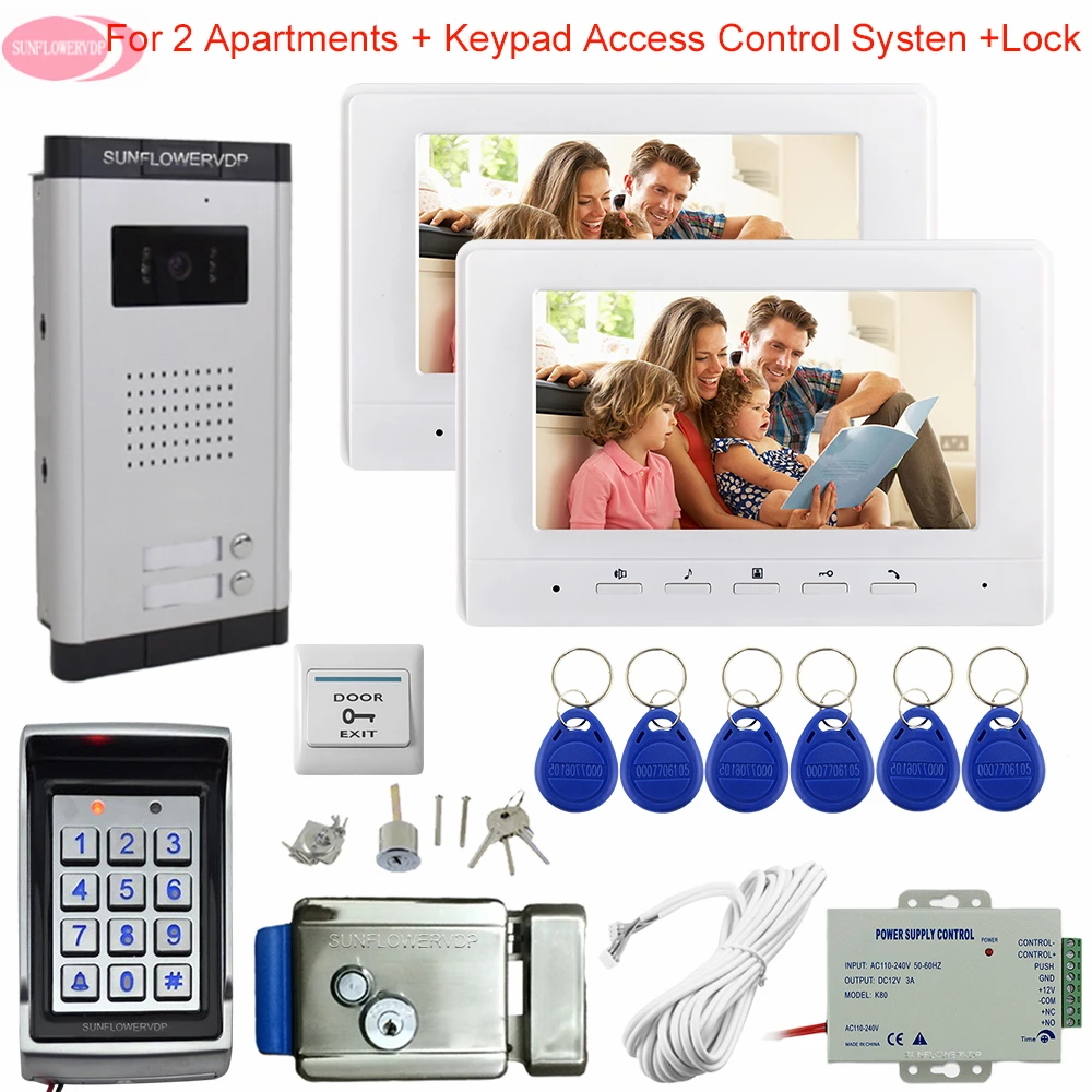 For 2 Apartments Video Intercom 2 Monitors Keypad Access Control 7inch Video Intercom White and Black for Choose + Electric Lock