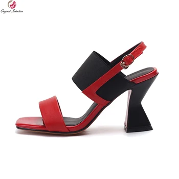 

Original Intention Fashion Women Sandals Genuine Leather Strange Style Heels Sandals Blue Red White Shoes Woman US Size 3-10