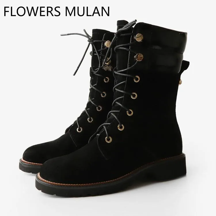 Femmes Bout Femme Show De Bottes Daim Cheville 2018 Nouveau Chaussures Rond Botas En Talon Style Dames Noir Bas Cuir Martin Britannique Chunky As wvqxfC