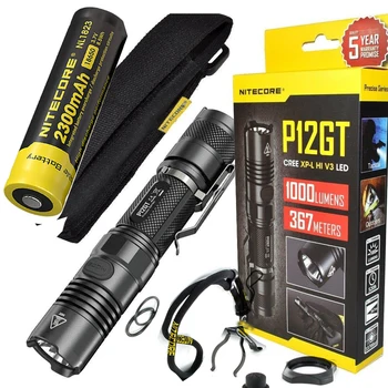 

NITECORE 1000 Lumens CREE XP-L HI V3 LED P12GT Tactical Flashlight Without 18650 Battery 7 Modes Pocket EDC + 2300mAh battery
