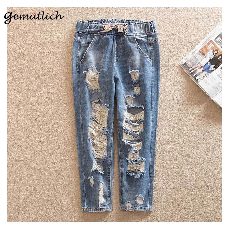 

GEMUTLICH Over Size Denim Harem Pants Rippped Hole Elastic Waist Ankle-Length Trousers Boy Friend Jeans