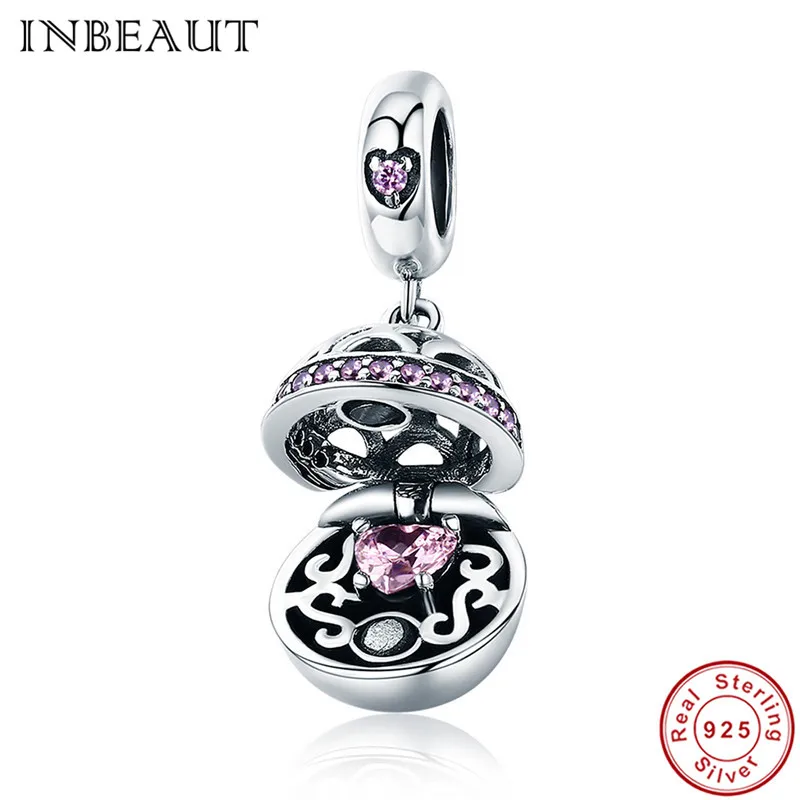

INBEAUT 925 Sterling Silver Suprising Love Pink Heart Zircon Vintage Round Openable Box Beads Charm fit Pandora Bracelet Girls
